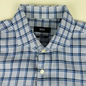 Hugo Boss Blue White Check Men Dress Shirt Sz 16 32/33 MSRP $125 Spread Collar